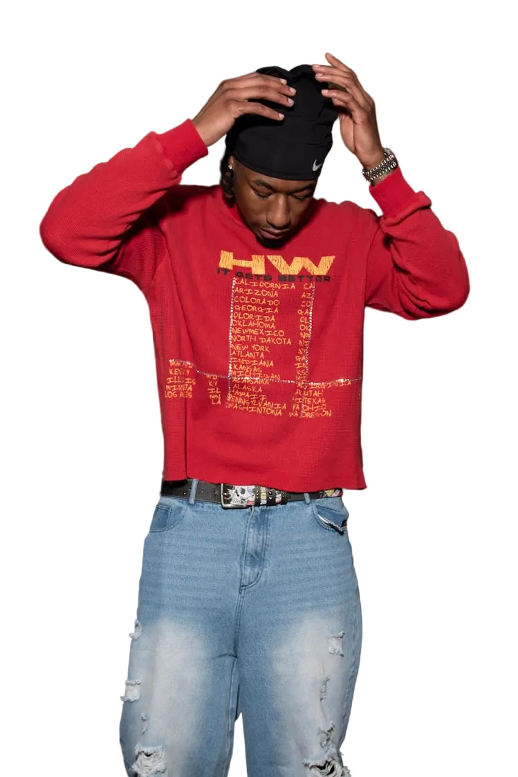 "locations" red knitted longlseeve