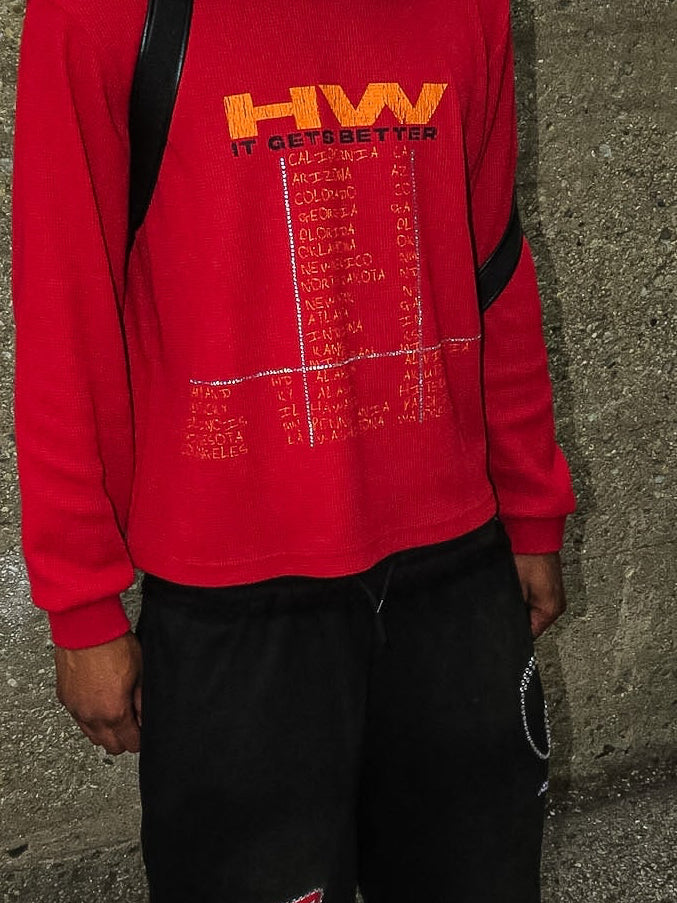 "locations" red knitted longlseeve