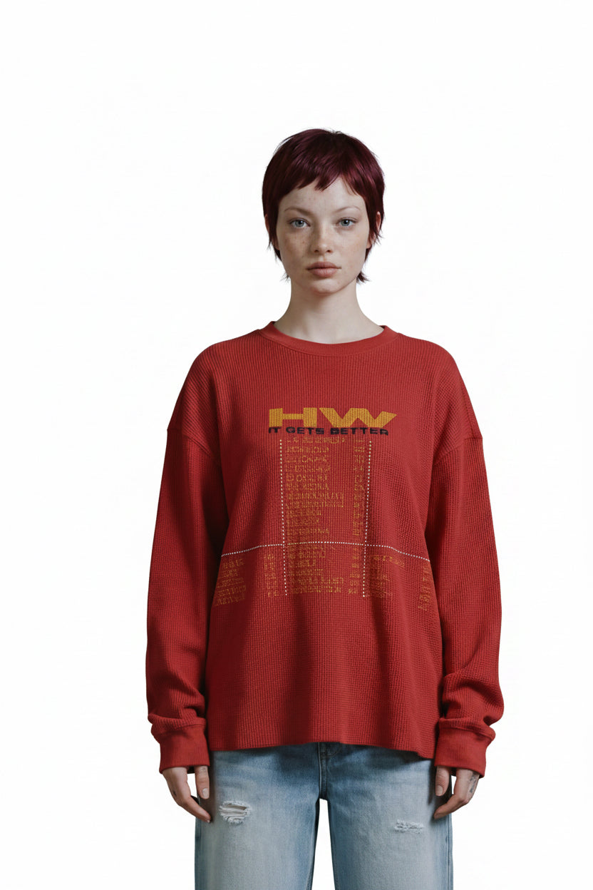 "locations" red knitted longlseeve